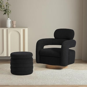 Bayville Modern 2-Piece Sherpa Swivel Accent Chair Set with Round Storage Footstool Ottoman in Black