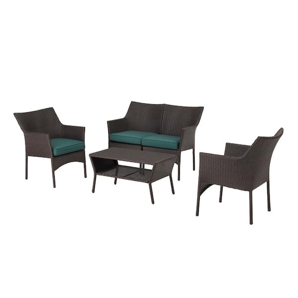 Terrace View 4-Piece Wicker Patio Conversation Set with Green Cushions