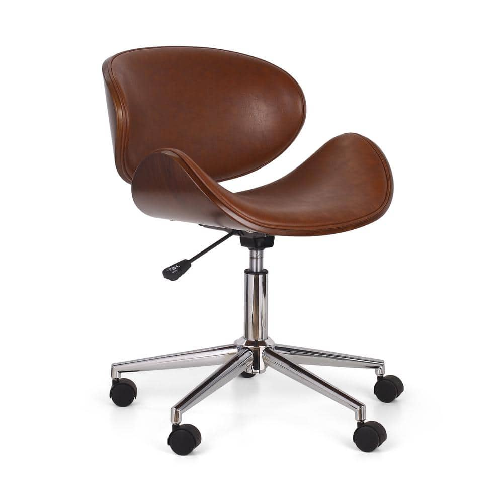 Noble House Trion Cognac Brown and Walnut Faux Leather Swivel Task