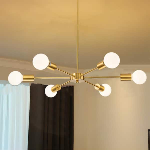 RRTYO Highlandville 6-Light Brass Mid-Century Modern Linear Sputnik Atomic Chandelier for Kitchen Dining/Living Room