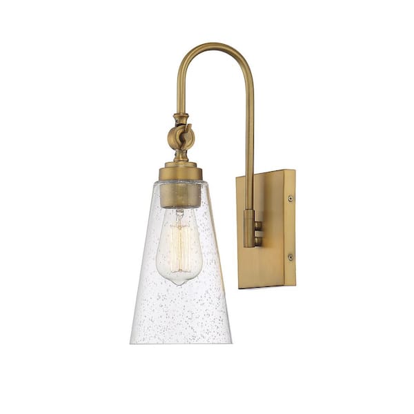 Savoy House York 5.5 in. W x 16 in. H 1-Light Warm Brass Wall Sconce with Clear Seeded Glass Shade