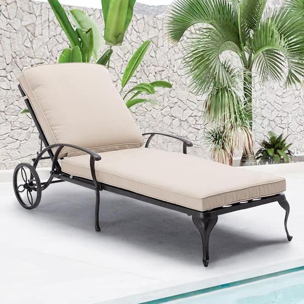 HOMEFUN Antique Bronze 1-Piece Aluminum Adjustable Reclining Outdoor Chaise Lounge with Beige Cushion