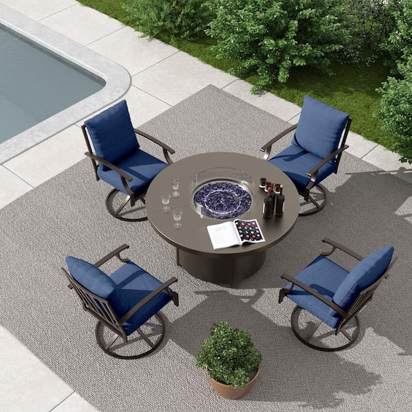 5-Piece Metal Patio Conversation Set with 4,000 BTU Round Fire Pit Table, 4-Swivel Chairs, Navy Blue Cushions