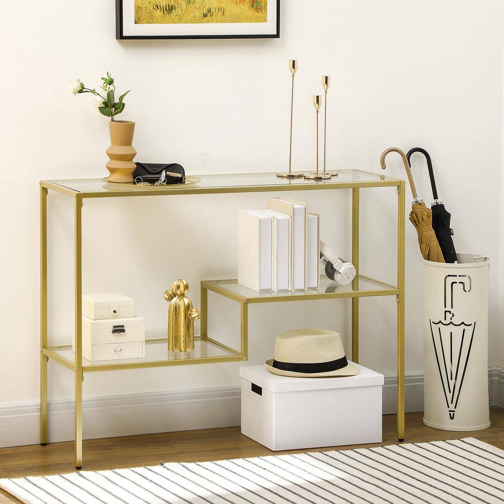 Gold Steel and Clear Glass Console Table with Storage Shelves