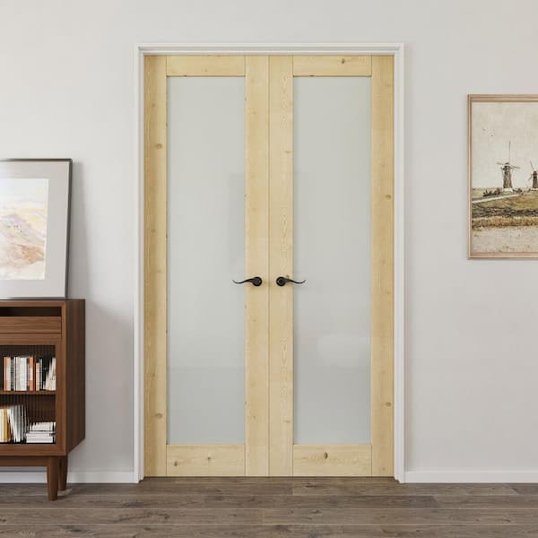 36 in. x 80 in. 1 Lite Frosted Glass Universal Unfinished Solid Pine Wood Double Prehung French Door + Quick Primed Jamb