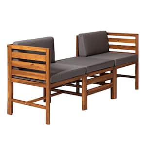 Brown Acacia Wood Modular Left and Right Arm Outdoor Sectional Chairs and Ottoman with Gray Cushions
