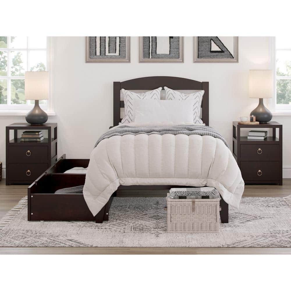 Espresso Twin Solid Wood Upholstered Platform Bed with Storage