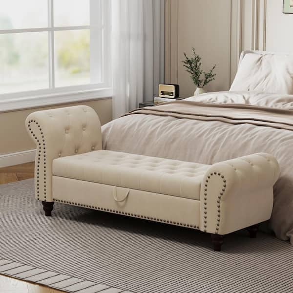 Harper & Bright Designs Beige Modern Nails Tufted Armed Storage Bedroom Bench 28.7 in. H x 64.5 in. W x 19.3 in. D