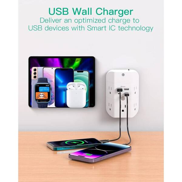 EKIEUDL - 5-Outlet Power Strip Surge Protector Extender Splitter with 4 USB Port in White