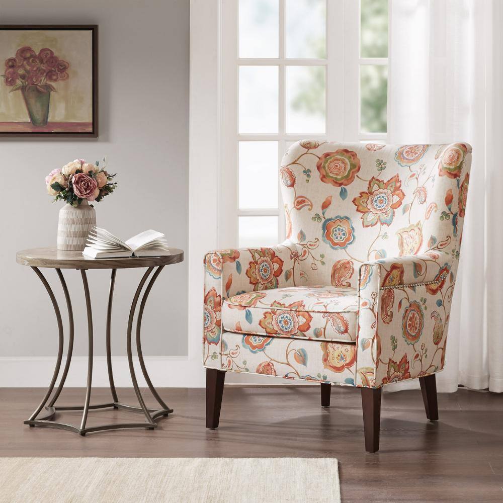 Floral Cream Wingback Accent Chair with Wood Legs