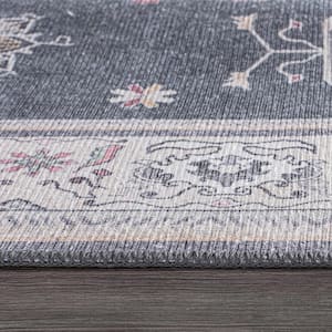Gray 10 ft. x 14 ft. Dark Transitional Bordered Machine Washable Area Rug
