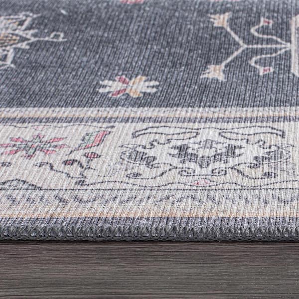 Dark Gray 3 ft. 3 in. x 5 ft. Transitional Bordered Machine Washable Area Rug
