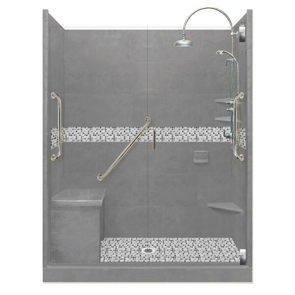 American Bath Factory Del Mar Freedom Luxe Hinged 42 in. x 60 in. x 80 in. Center Drain Alcove Shower Kit in Wet Cement and Nickel Hardware
