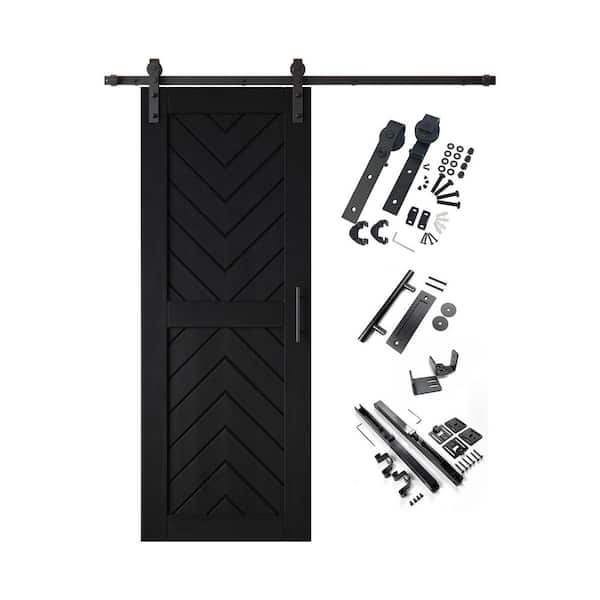 JT4 26 in. x 80 in. C-Panel Black Fishbone Design Solid Pine Wood Sliding Barn Door with Hardware Kit