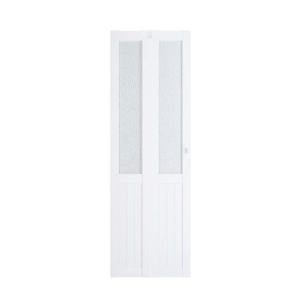 30 in. x 80 in. Half Lite Hammered Glass Solid Core White PVC Covering MDF Bi-fold Door with Locks, Handles