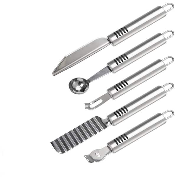 5-Piece Stainless Steel Fruit Carving Knife Set with Melon Scoop, Lemon Zester, Peeler, Crinkle Knife, V-shape Cutter