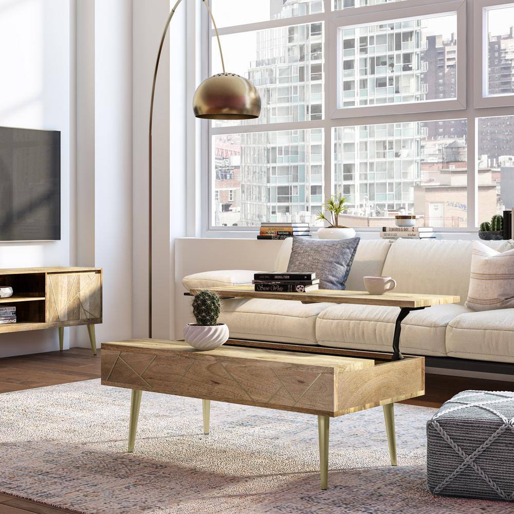 Rectangular Mango Wood Lift-Top Coffee Table with Brass Inlay