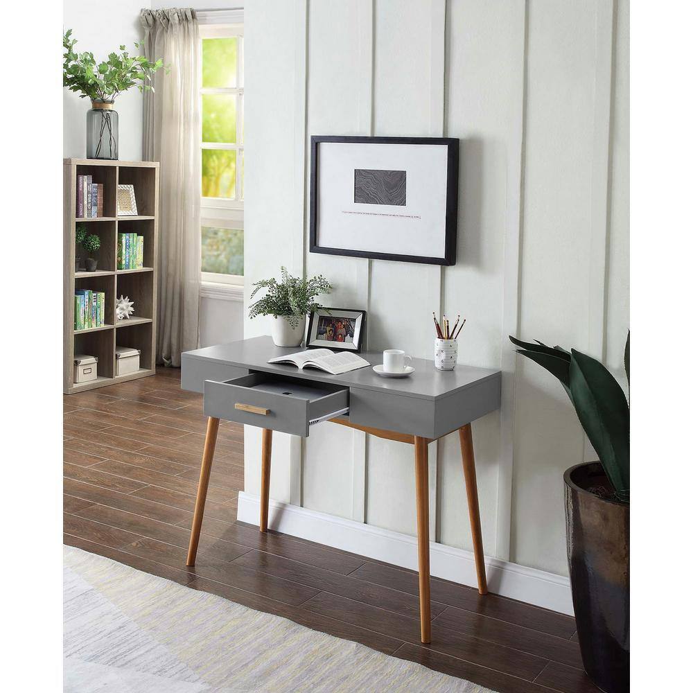 Oslo Mid-Century Gray Writing Desk with Bamboo Handle and Drawer