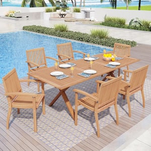 Brown 7-Piece Outdoor Dining Set with Acacia Wood Extendable Table and Acacia wooden Chairs