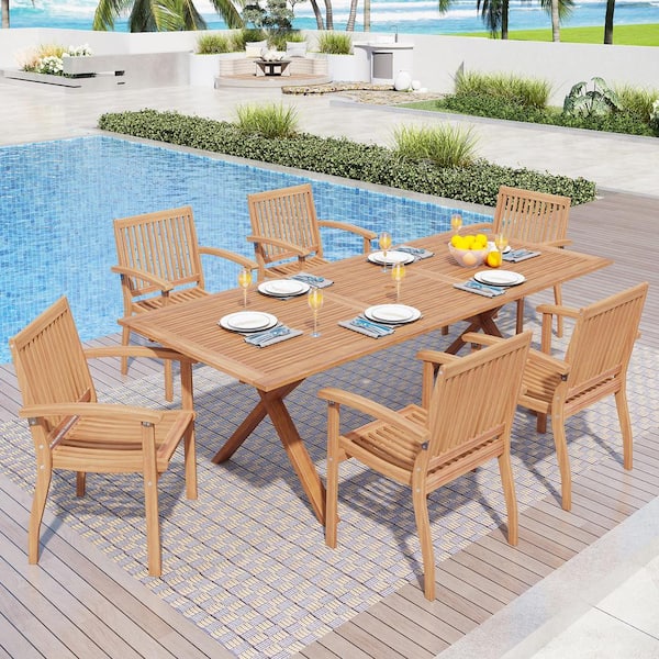 Brown 7-Piece Outdoor Dining Set with Acacia Wood Extendable Table and Acacia wooden Chairs