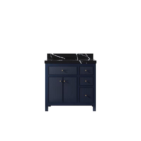 Willow Collections Sonoma 36 in. W x 22 in. D x 36 in. H Left Sink Bath Vanity in Navy Blue with 2 in. Calacatta Black Quartz Top
