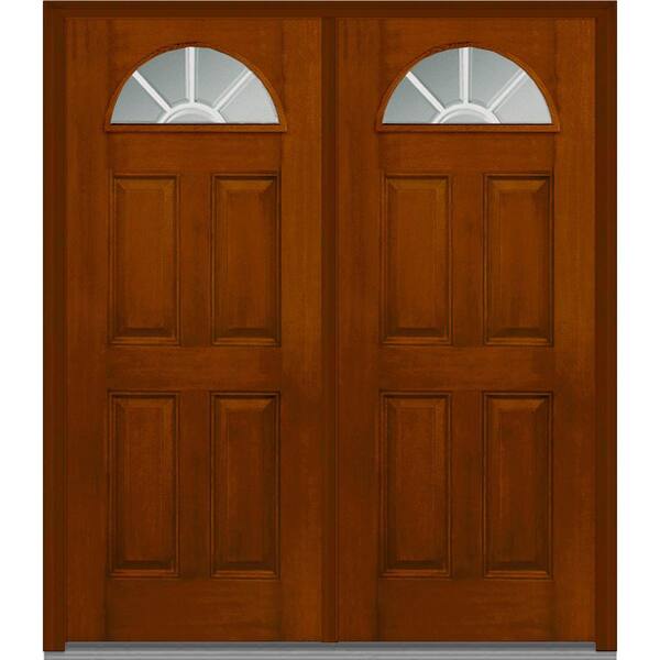 MMI Door 72 in. x 80 in. White Internal Grilles Right-Hand Inswing Fan Lite Clear Stained Fiberglass Mahogany Prehung Front Door