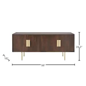 54 in. Mid-Century Modern Walnut Brown Media Cabinet with Gold Metal Accents