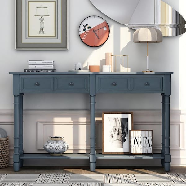 Harper & Bright Designs 58 in. Antique Navy Standard Rectangle Wood Console Table with Drawers