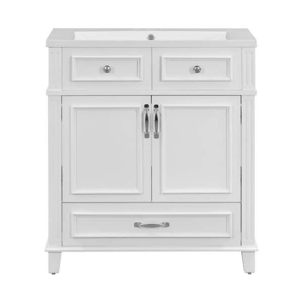 Xuanlur 30 in. Wood Bathroom Vanity with Resin Sink, White Frame Bathroom Storage Cabinet with Soft Closing Doors, Retro Style