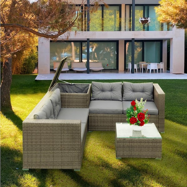 HOYT TRADE INC Grey 4-Piece Wicker Rattan Patio Conversation Sectional Seating Set with Storage Box Cushion Guard Grey Cushions
