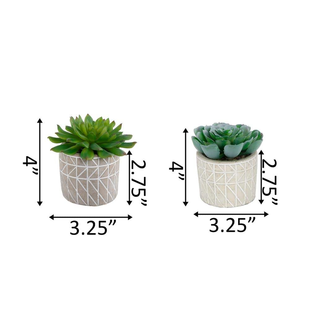 Set of 2 Gray Patterned Cement Pots with Green Faux Succulents