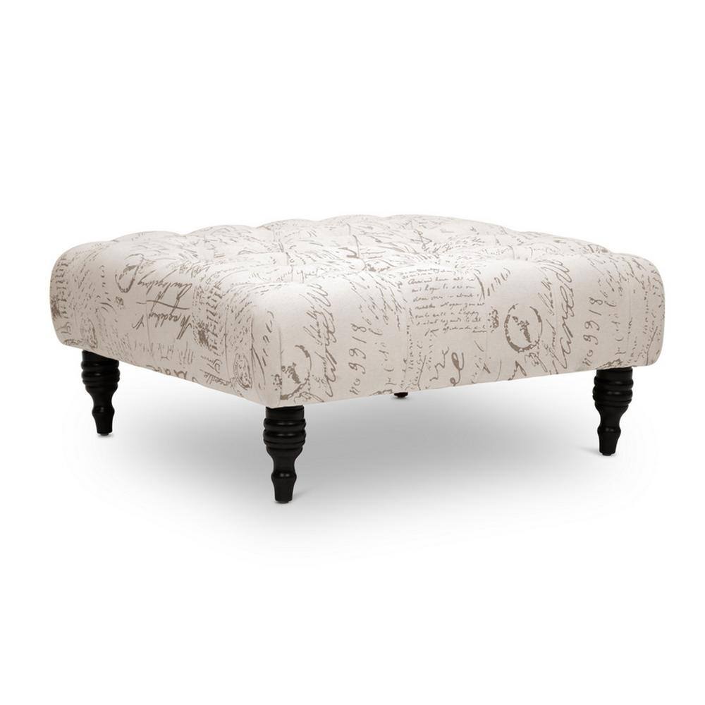 Keswick 35" Tufted Beige Script Print Ottoman with Wood Legs