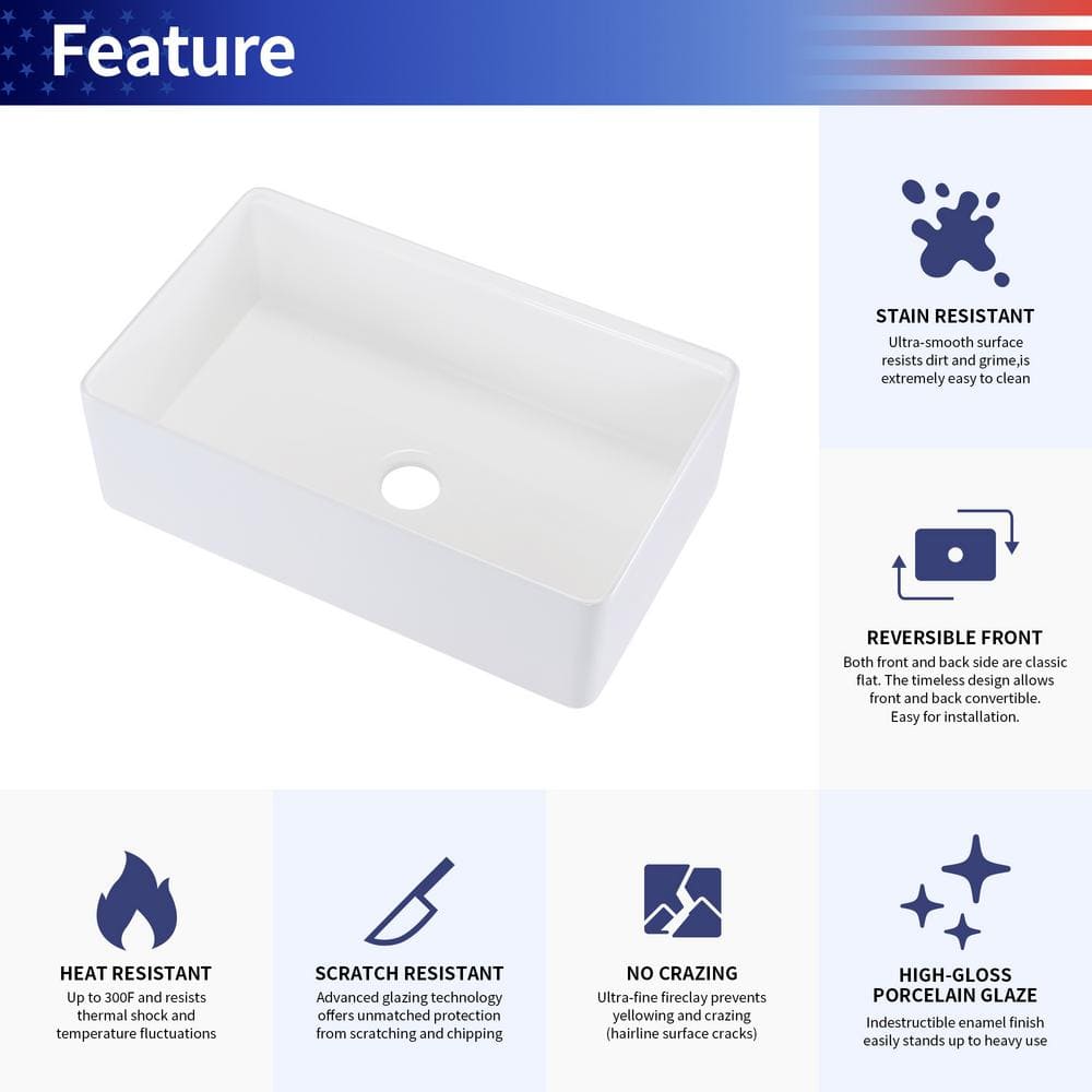 White Gloss Fireclay 33" Single Bowl Farmhouse Kitchen Sink