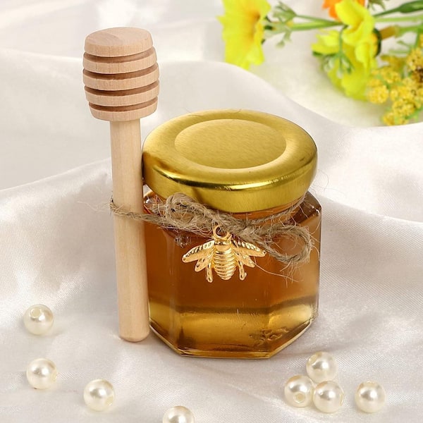 30-Piece Glass Honey Jars Set with Wood Dippers, Gold Lids, and Bee Pendants