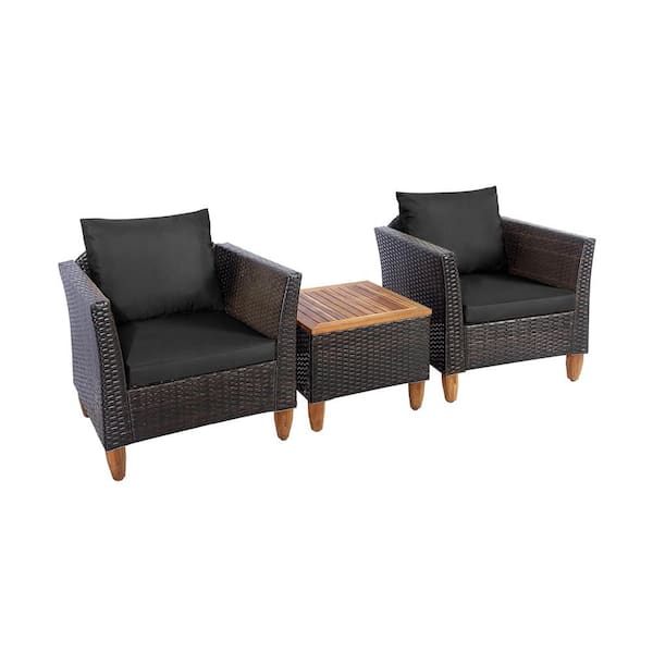 3 Pieces Outdoor Rattan Furniture Set Wicker Bistro Set Wooden Table Top with Black Cushions
