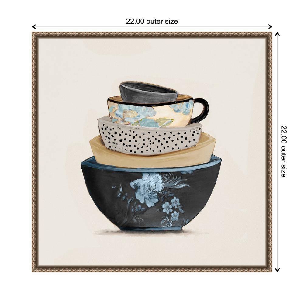 22"x22" Blue and Beige Stacked Bowls Canvas Print with Beaded Bronze Frame