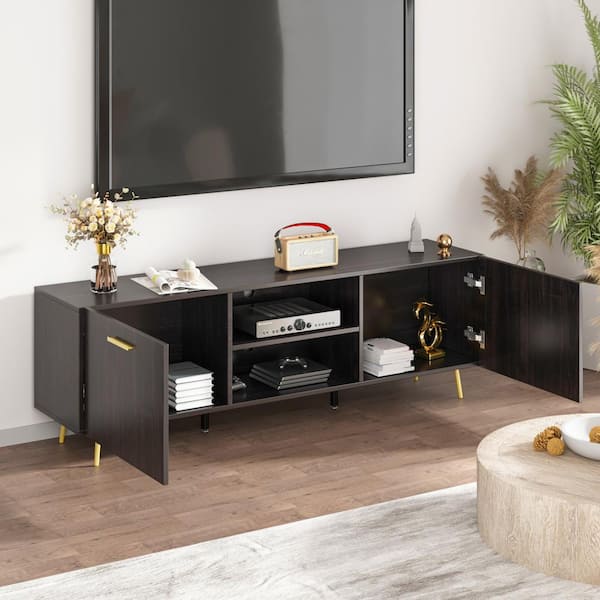 FUFU&GAGA 69 in. W Black Wood TV Stand Console Entertainment Center for TV up to 75 in.