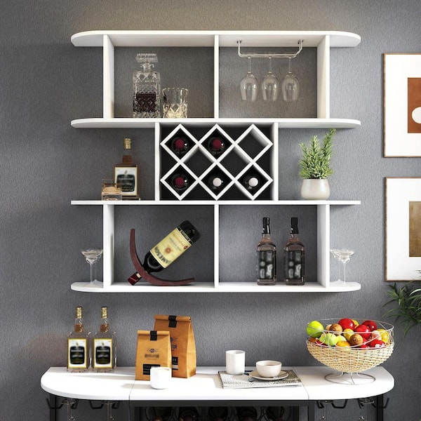 20-Bottle White Large Wall Mounted 3 Tier Wood Wine Rack Storage Rack with Wine Glass Holder Bar Decorative Shelves