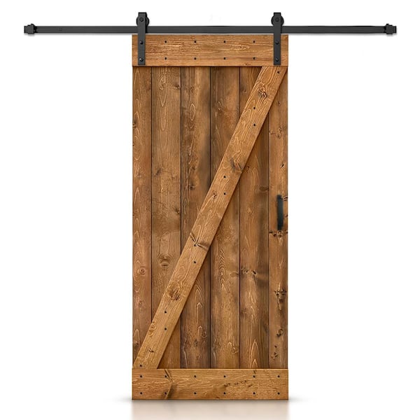 CALHOME 36 in. x 84 in. Z Series Walnut Stained Solid Knotty Pine Wood Interior Sliding Barn Door with Hardware Kit and Handle