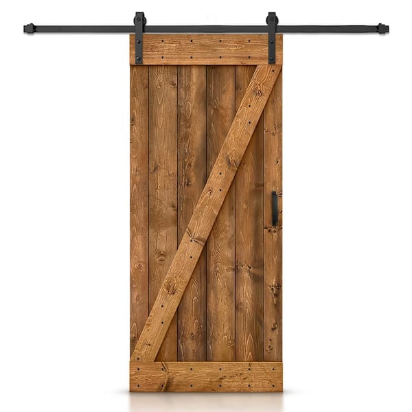 CALHOME 24 in. x 84 in. Z Series Walnut Stained Solid Knotty Pine Wood Interior Sliding Barn Door with Hardware Kit and Handle