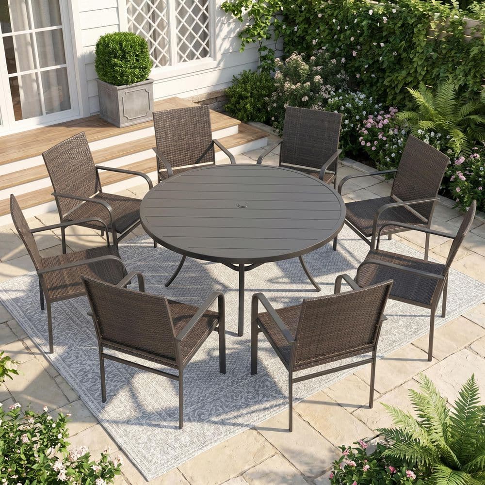 9-Piece Metal Outdoor Patio Dining Set with 53 in. Black Round Table and 8 Brown Rattan Stackable Dining Chairs price history on PriceWatchPro