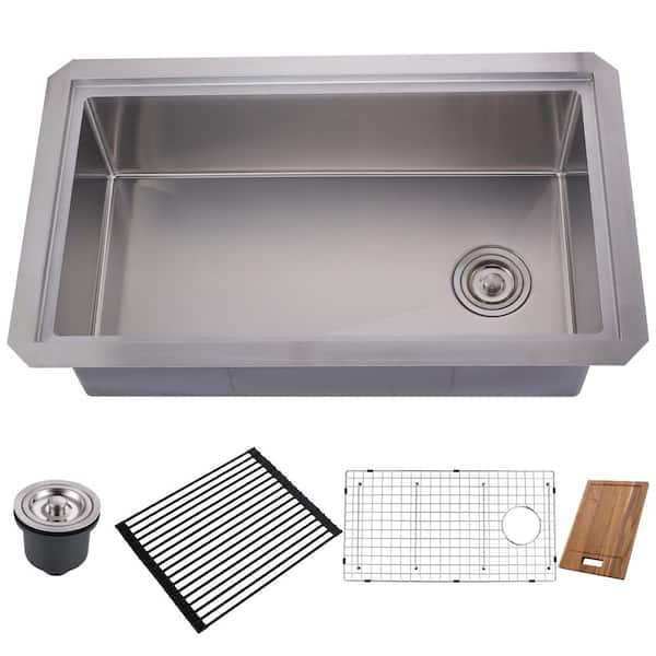 32 in. Drop-in/Undermount Single Bowl 18 Gauge Gunmetal Brushed Nickel Stainless Steel Kitchen Sink with Bottom Grids