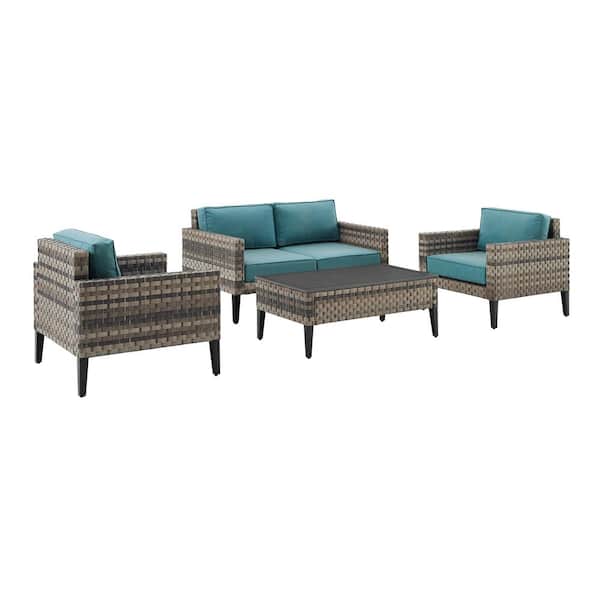 CROSLEY FURNITURE Prescott Brown 4-Piece Wicker Patio Conversation Set with Marine Blue Cushions