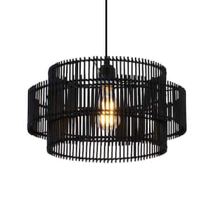 Cinder 16 in. 2-Tiers 1-Light Black Pendant Light with Natural Bamboo Round Shade and No Bulbs Included