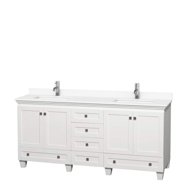 Wyndham Collection Acclaim 72in.Wx22 in.D Double Vanity in White with Cultured Marble Vanity Top in White with White Basins