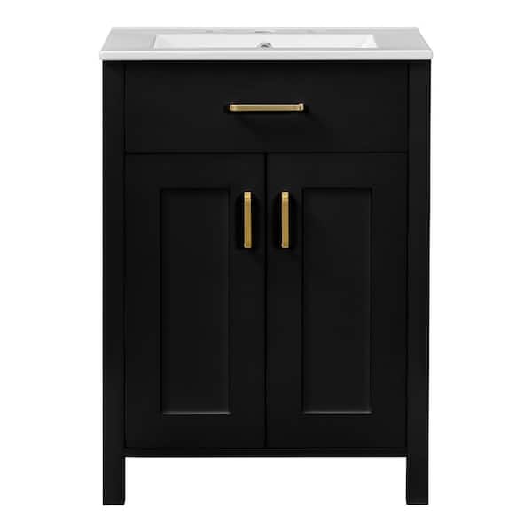 Magic Home 24 in. Freestanding Storage Bathroom Vanity Combo Set with White Ceramic sink, Black Cabinet and 2 Soft-Close Doors