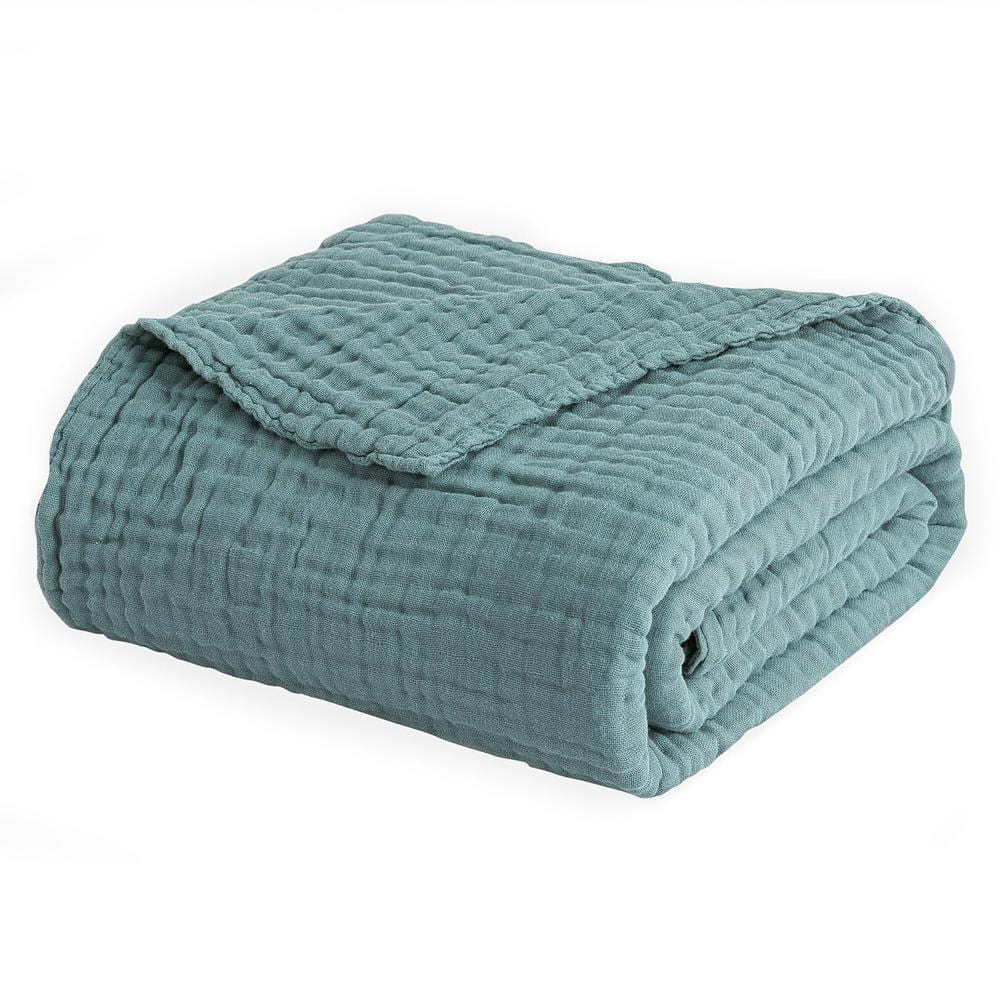 55 in. x 75 in. Teal Blue Cotton Twin Blanket, Soft Muslin Bed Blanket, All