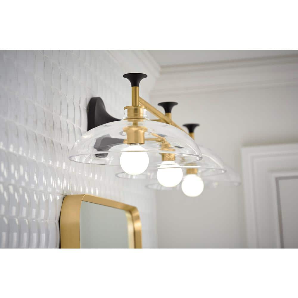 Black and Brass 31" Three-Light Sconce with Glass Shades