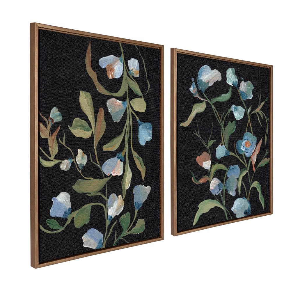 Gold Framed Floral Canvas Art Set with Black Background, 28"x38"
