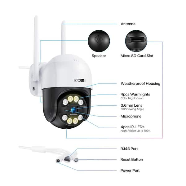 ZOSI Wired 3MP 2K PTZ Outdoor Home Security Camera with 64GB SD